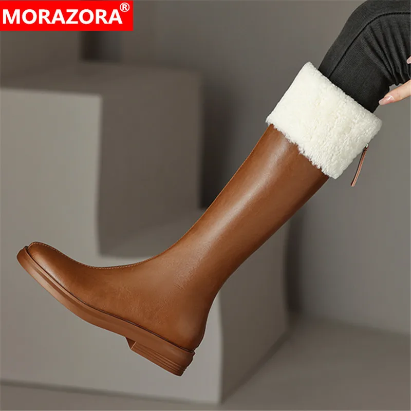 

MORAZORA 2024 New Genuine Leather Autumn Winter Women Boots Zipper Knee High Boots Popular Ladies Platform Boots