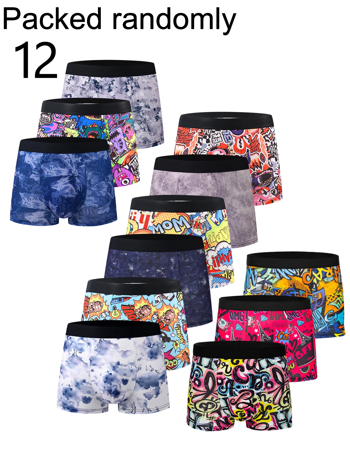 12-Pack Men's Graffiti Print Boxer Briefs Trendy Tie-Dye Ink Pattern Elastic Men's Boxer Shorts Random Packaging Shipping