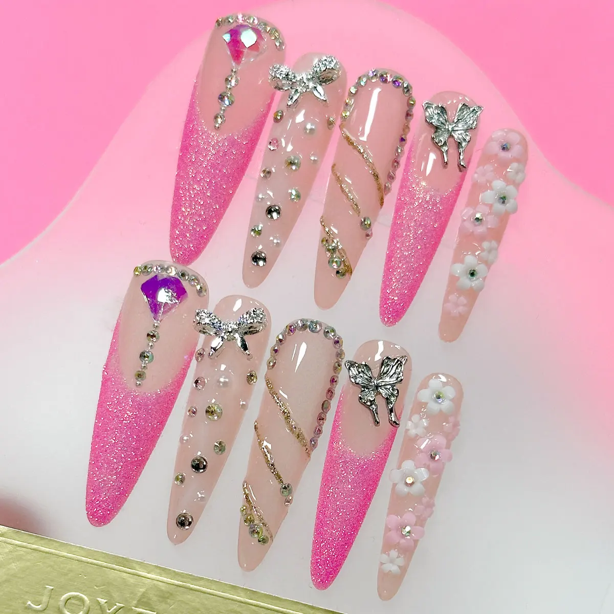 10pcs Handmade Press on Nails Extra Long Teardrop-shaped Fake Nails，Y2K Nails，French Sequined Butterfly Flower Fake Nails