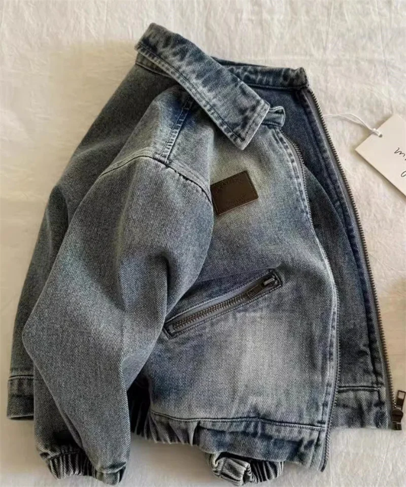Kids Spring Jeans Outerwear Boys Girls Autumn Fashion Vintage Distressed Coats Children Turn-Down Collar Zipper Jackets 2-8Y