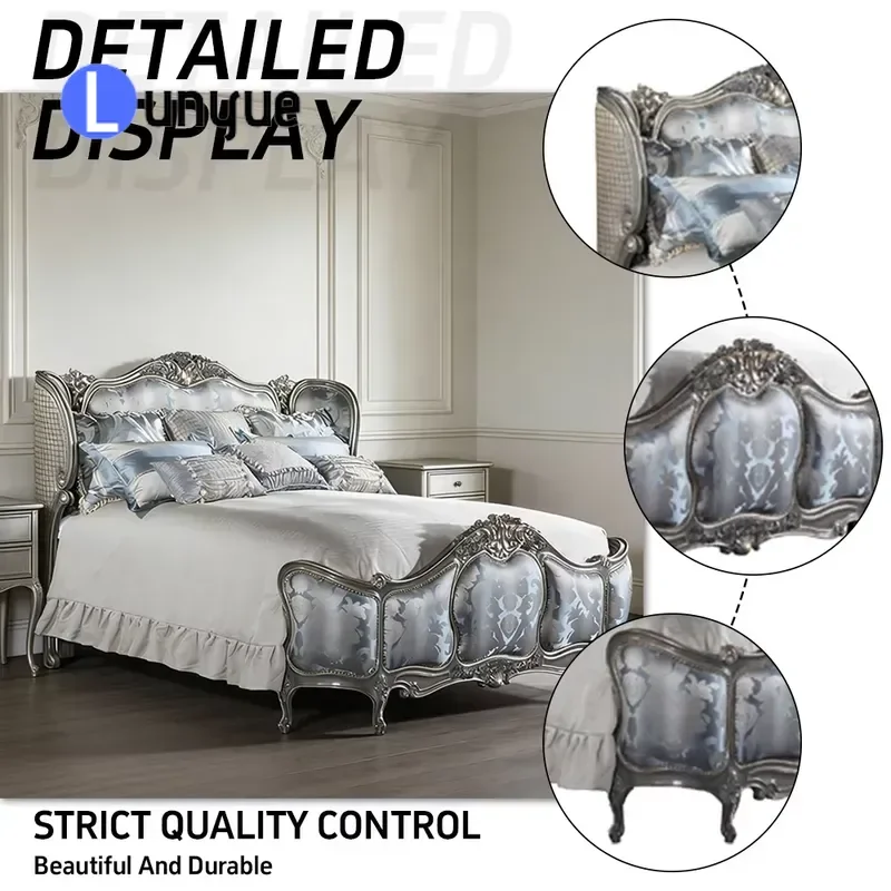 Classic French Queen Bed Deluxe Blue Fabric Headboard Superior Villa Furniture Elegant Bedroom Decor Comfortable Sleeping