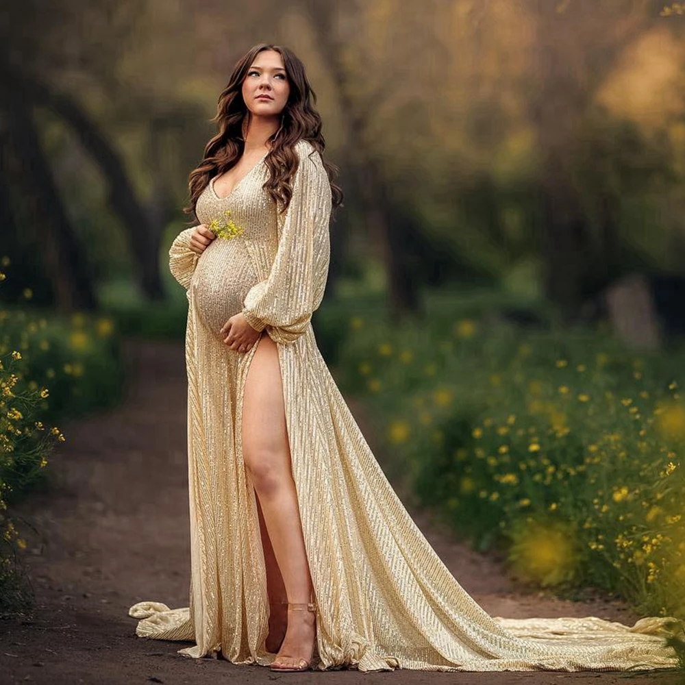 

Glitter Sequins Lace Maternity Dresses Full Sleeves V Neck Pregnancy Dress For Photo Shoot Elegant Women Prom Party Gowns