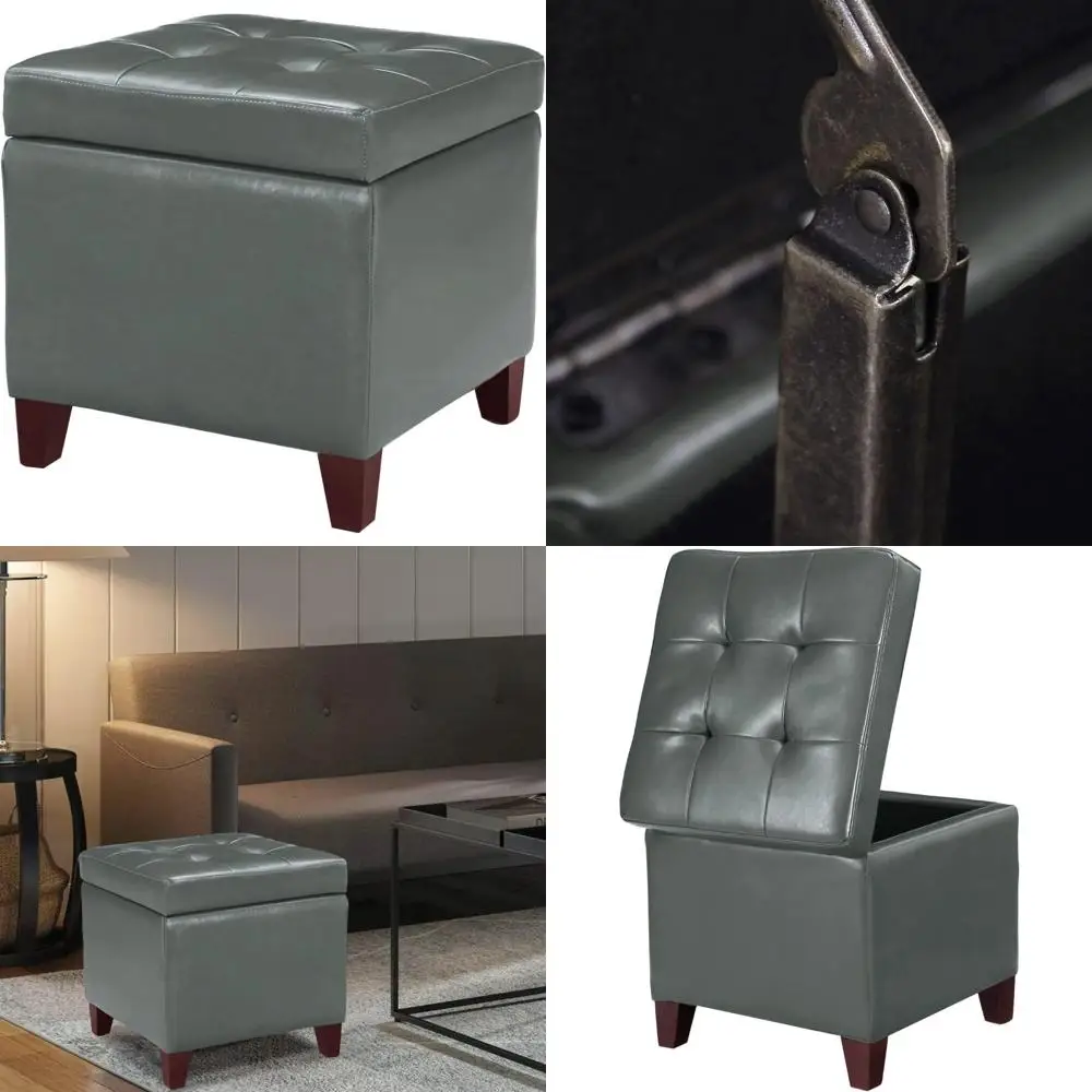 

Серая квадратная пуфик из искусственной кожи с местом для хранения и откидной подставкой для ног