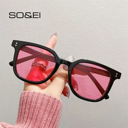 SO&EI Fashion Square Sunglasses Women Clear Ocean Lens Shades UV400 Men Retro Rivets Decoration Orange Pink Sun Glasses