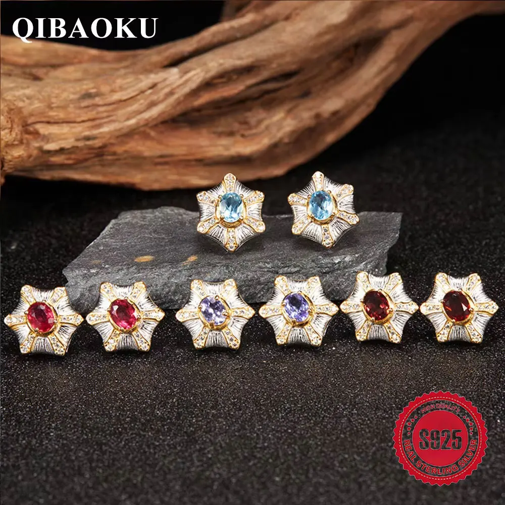 

QIBAOKU Retro Earrings Women S925 Sterling Silver Natural Gem Colorful Flower Shape Personalized Party Wedding Earrings