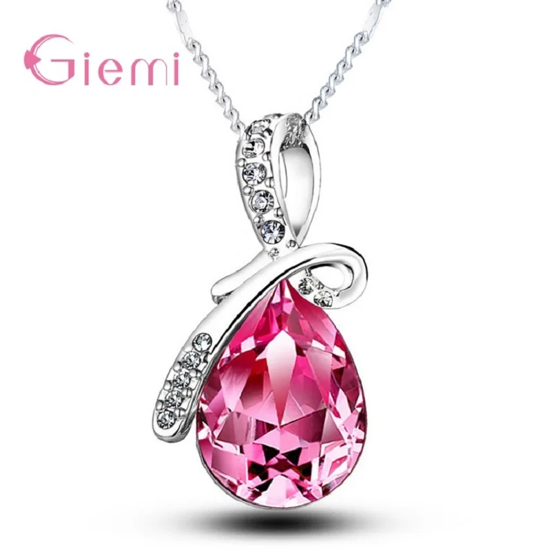 925 Sterling Silver Water Drop Pendant Necklace Quartz Crystal Charm Necklace For Women Fashion Jewelry Gifts