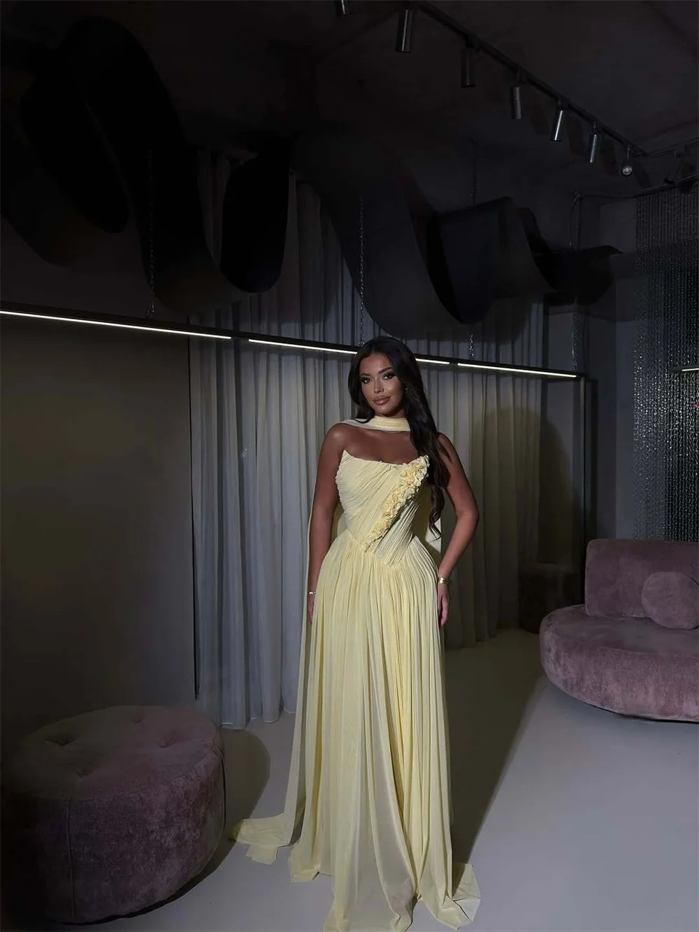 Contessa Abito da ballo con sciarpa in chiffon giallo crema personalizzato Abito a vita alta con corsetto robes de soirée Abito da evento formale senza spalline