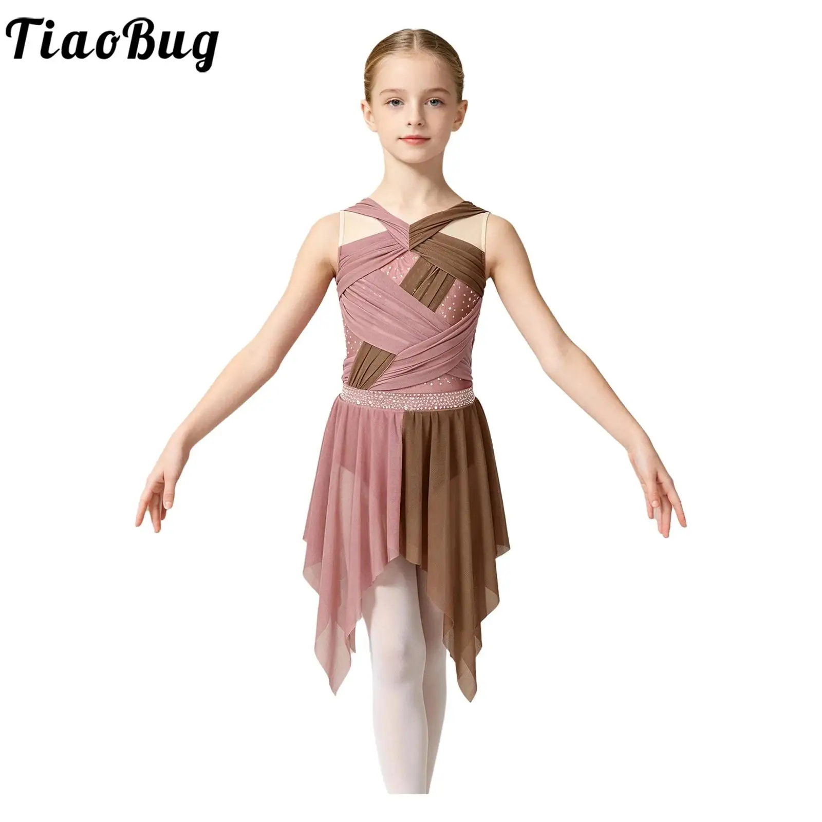 Kids Girls Lyrical Ballet Contemporary Dance Dress Rhinestone Sleeveless Ruched Twisted Knot Mesh Skating Gymnastics Leotard