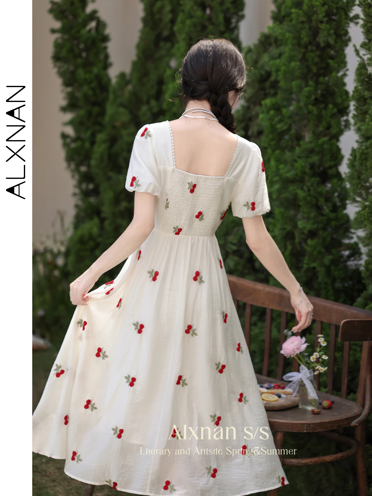 ALXNAN Women's Summer Dress 2024 Sweet Cherry Embroidery Frenchy Square Neck Smocked Back Fitted A Line Midi Dresses L35619