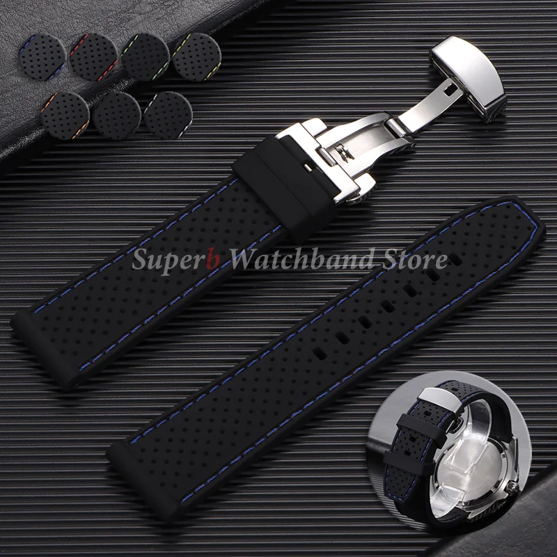 Pulseira de relógio de silicone macio para omega 20mm 22mm masculino feminino esporte pulseira de borracha à prova dwaterproof água fivela borboleta substituição respirável