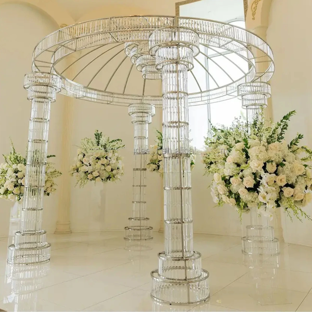 big size round  acrylic bead backdrop wedding gazbo flower arch frame gold metal stage stand for wedding event decoration