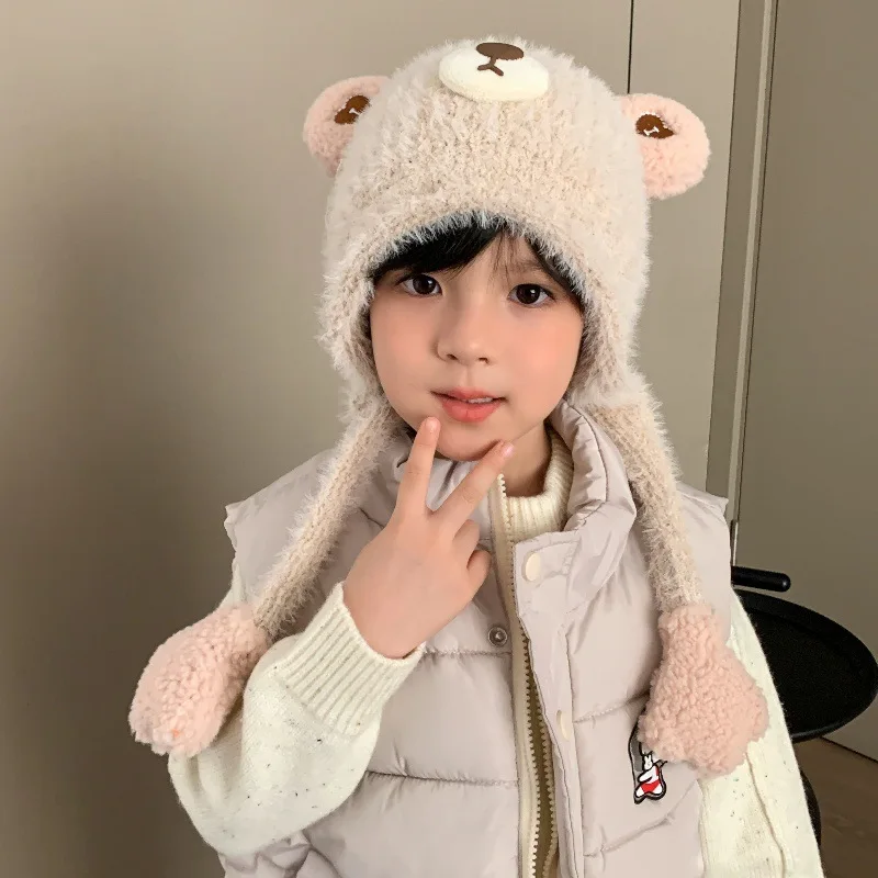 

Children's Hats, Winter Cartoons, Girls, Schoolboys, Beanies, Windproof, Warm, Ear Caps, Boys, Knitted Hats, Bears