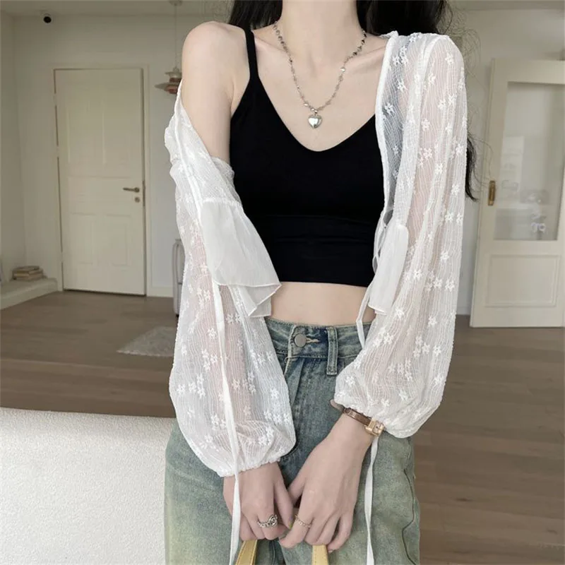 Sweet Ruffles Bandage Crop Tops Female Elegant V-Neck Lace Sun Protection Blouse Women Summer Long Sleeve Thin See Through Shirt