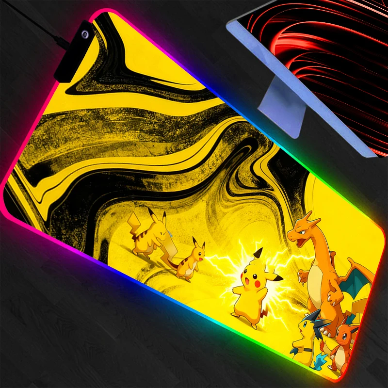 LED Pokemon Pikachu Mouse Pad XXL PC RGB Desk Mat Gamer Office Backlight Carpet Keyboard Table Gaming Accessories Mousepad