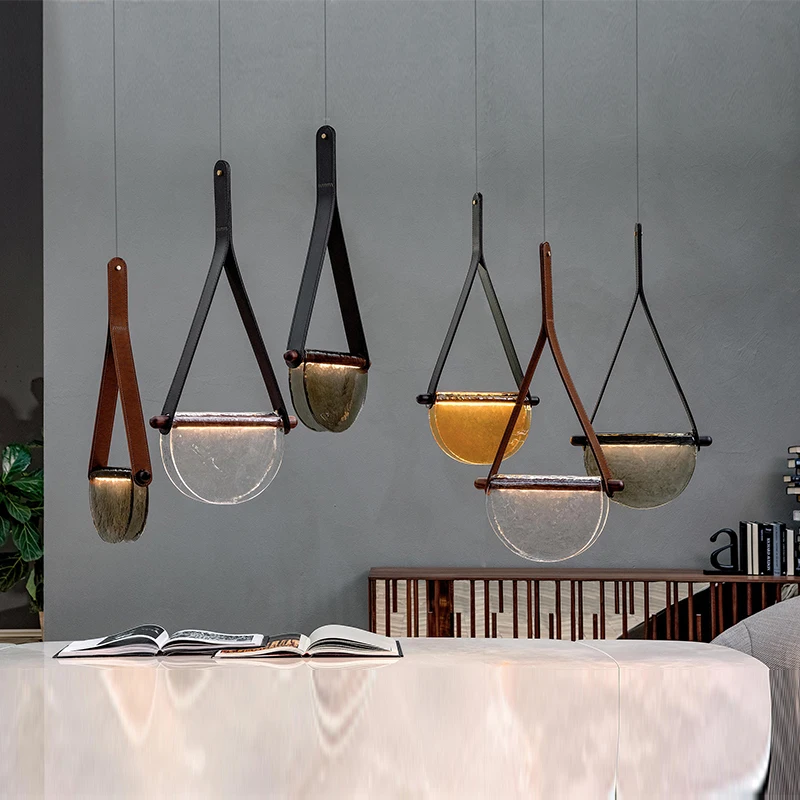 Free Shipping Nordic Small Leather Chandelier Dining Room Designer Simple Modern Bar Color Glass Kitchen  LED Shops Pendant Lamp