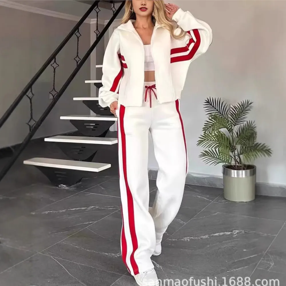 Moda w paski Splicing Casual Hoodie Garnitur damski Wiosna Jesień Nowy Y2K Pasiasty zamek błyskawiczny Top Coat Spodnie sportowe Damski 2-częściowy zestaw