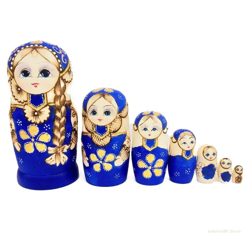 Y4UD 7pcs Blue Russian Nesting Dolls Wooden Matryoshka for Children Kids Christmas Home Room Decoration