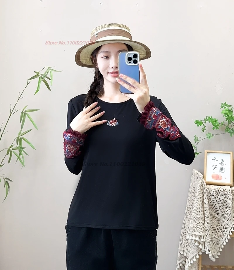 2024 chinese traditional t-shirt national flower embroidery o-neck folk shirt vintage hanfu tops loose shirt retro base shirt