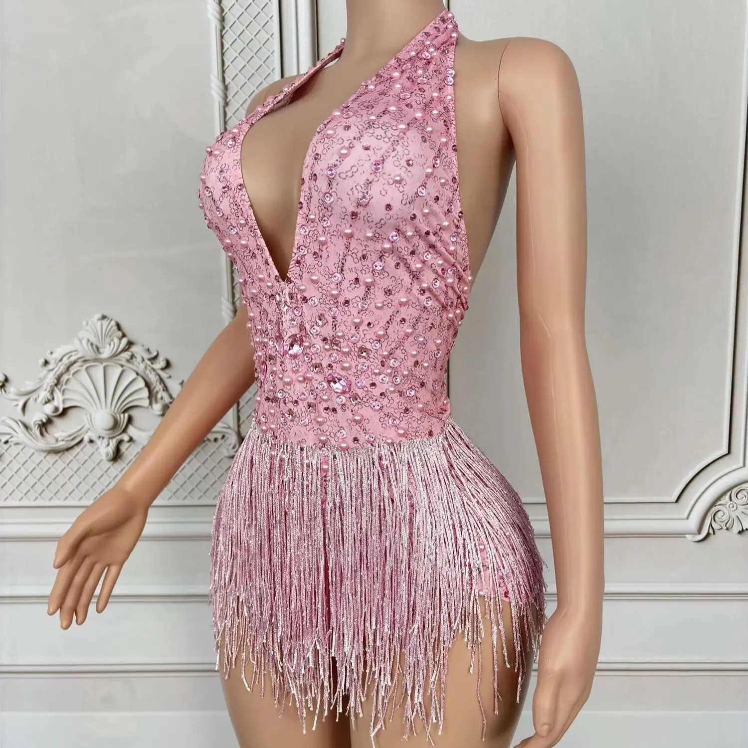 Body Sexy dos nu, décolleté en v profond, strass brillants, cristal, épicé, robe de soirée pour filles, vêtements de spectacle de danse en Club, Guabo