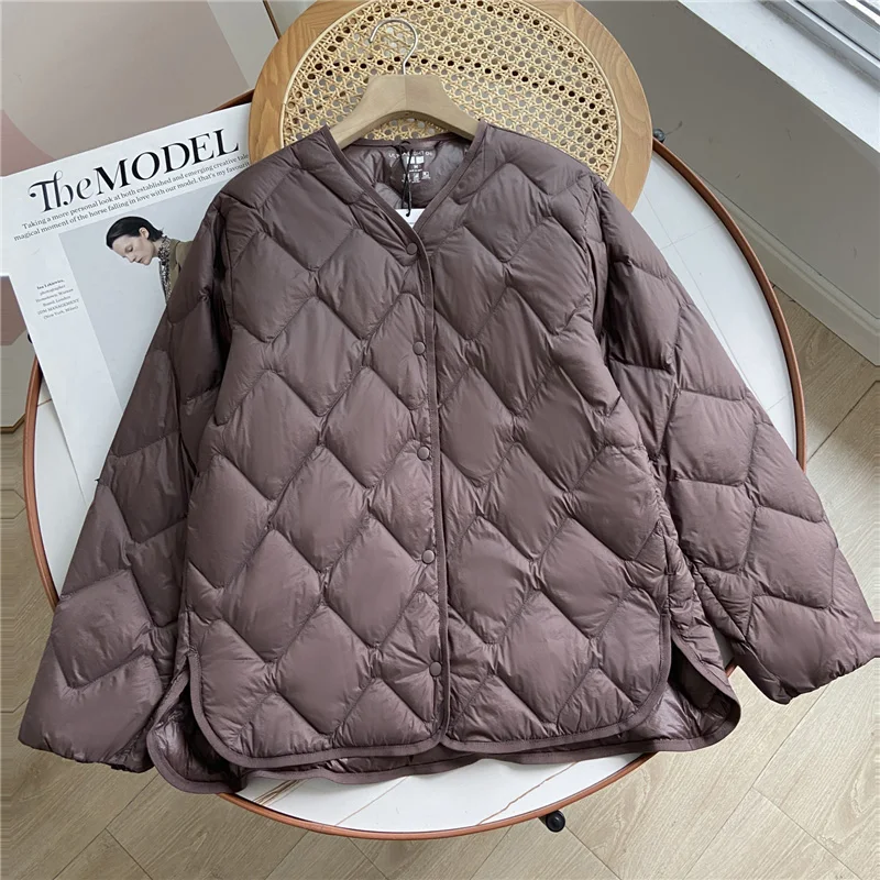 2023 New Autumn Winter Ultra Light Collarless Soft Puffer Jacket Women Casual Loose Single Breasted 90% Duck Down Coat female