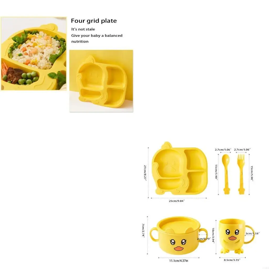 

Cartoon Duck Bowl Cup Spoon Fork Anti-fall Tableware for Baby Kindergarten Divided Dinner Plate L8RB