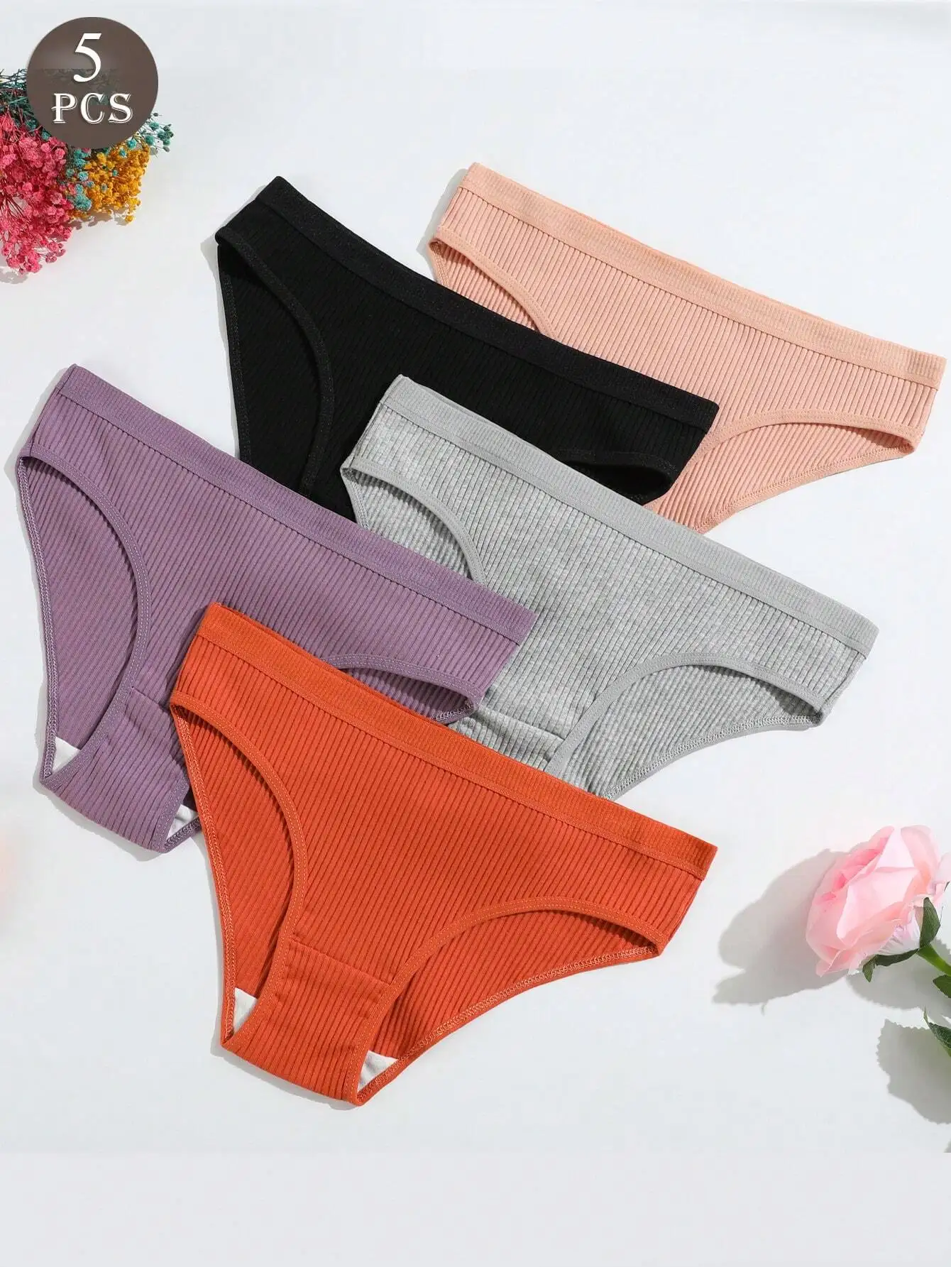 

Комплект из 5 женских трусиков с низкой посадкой, однотонных, в рубчик, трикотажных