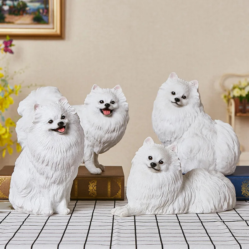 Resin Handicraft Artificial Animal Sculpture Cartoon Dog Pomeranian Resin Decorative Figurines Home Decoration Accessories