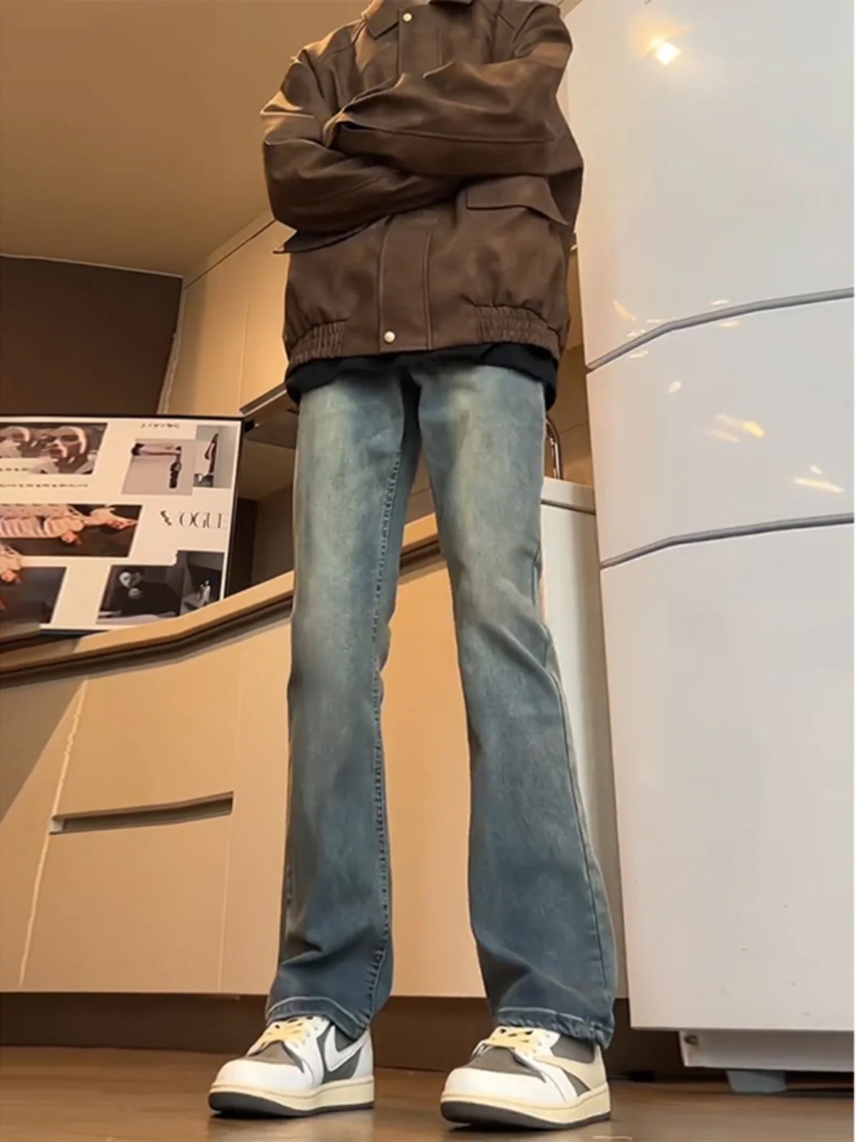 

Cleanfit Vintage Blue Jeans Men's Slim Fit High Elasticity American Vibe High Waist Straight Leg Micro Flared Pants