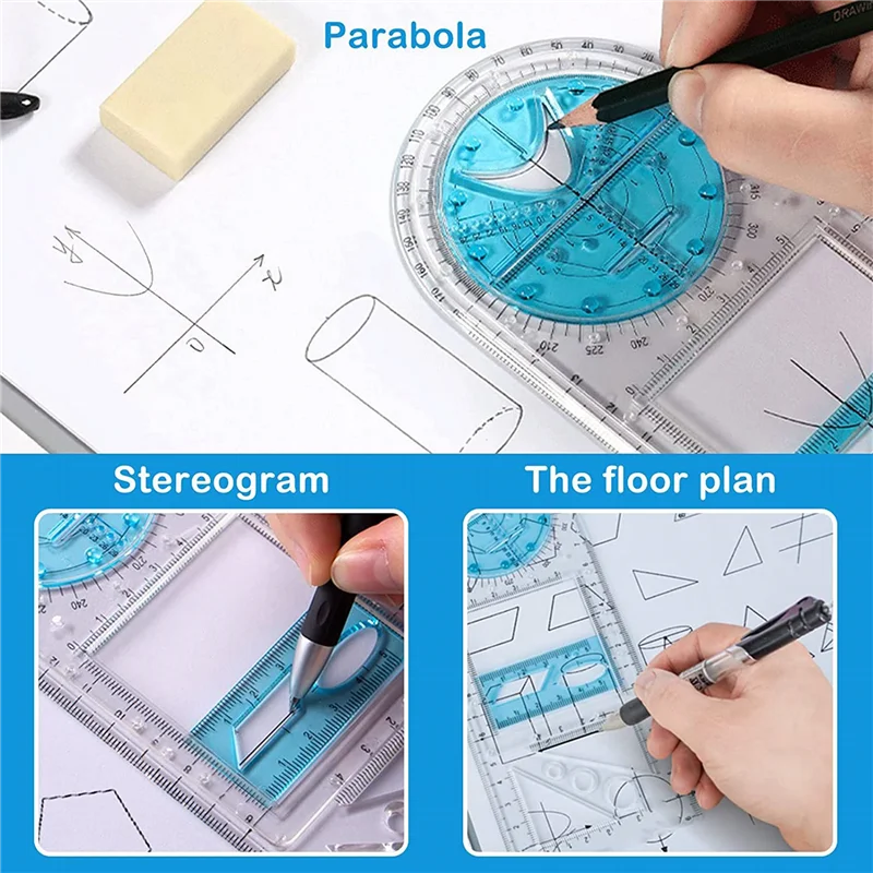 6 Pcs Multifunctional Geometric Ruler Plastic Circle Drawing Tool Drafting Templates Clear Graphic Design Tools