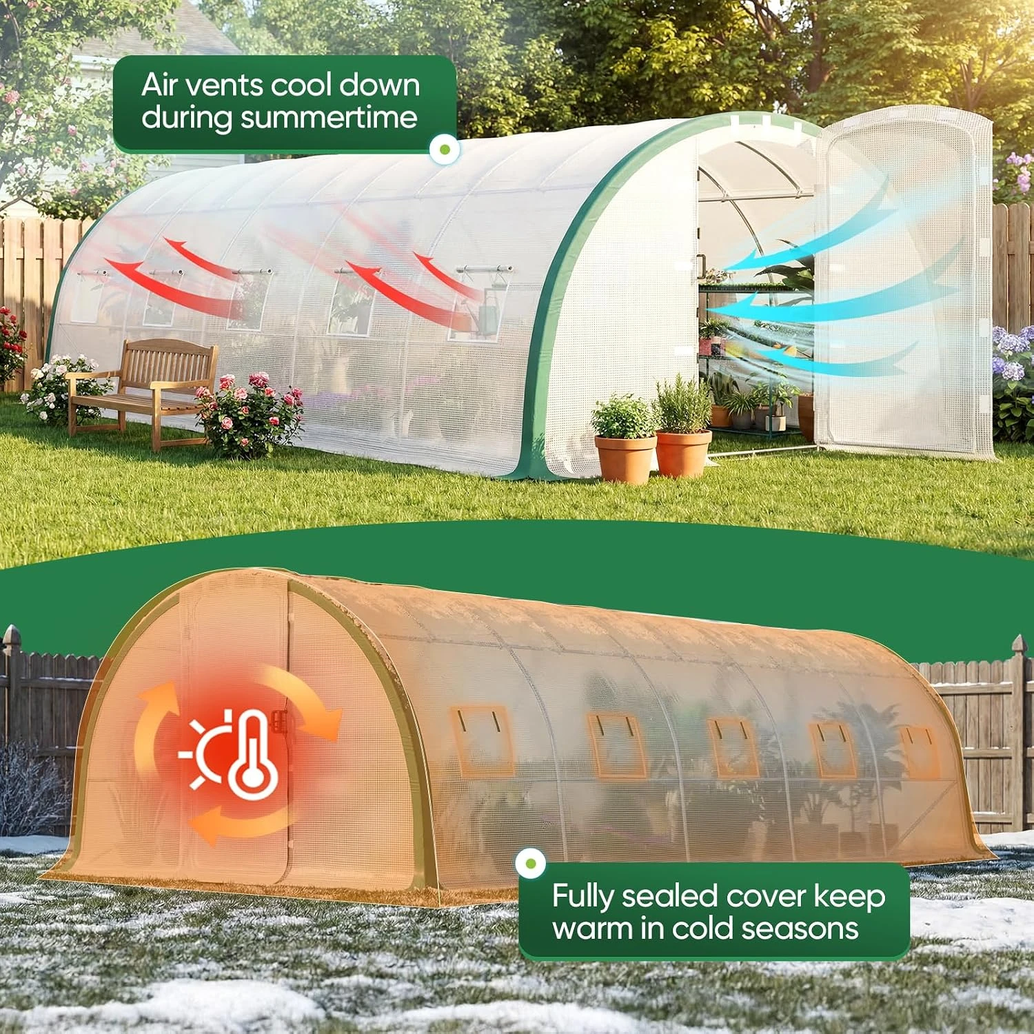 Walk In Tunnel Greenhouse, Outdoor Garden Plant Hot House With Dual Swing Doors, Heavy Duty Anti Rust Frame, Reinforced Weather Resistant Cover For Backyard Winter Farming, White