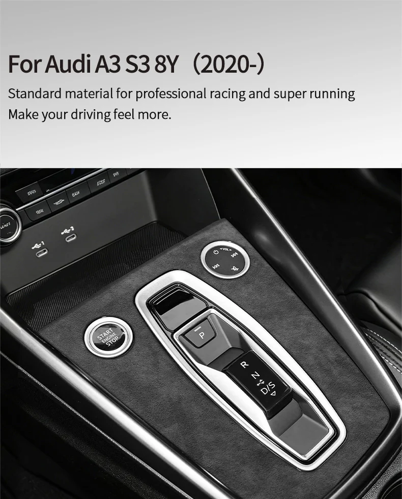 Für Audi A3 S3 8Y (2020-) Aus Alcantara Gefertigte Mittelkonsolen-Schalthebelabdeckung Premium Auto-Innenausstattung Tuning-Zubehör – Detail 1