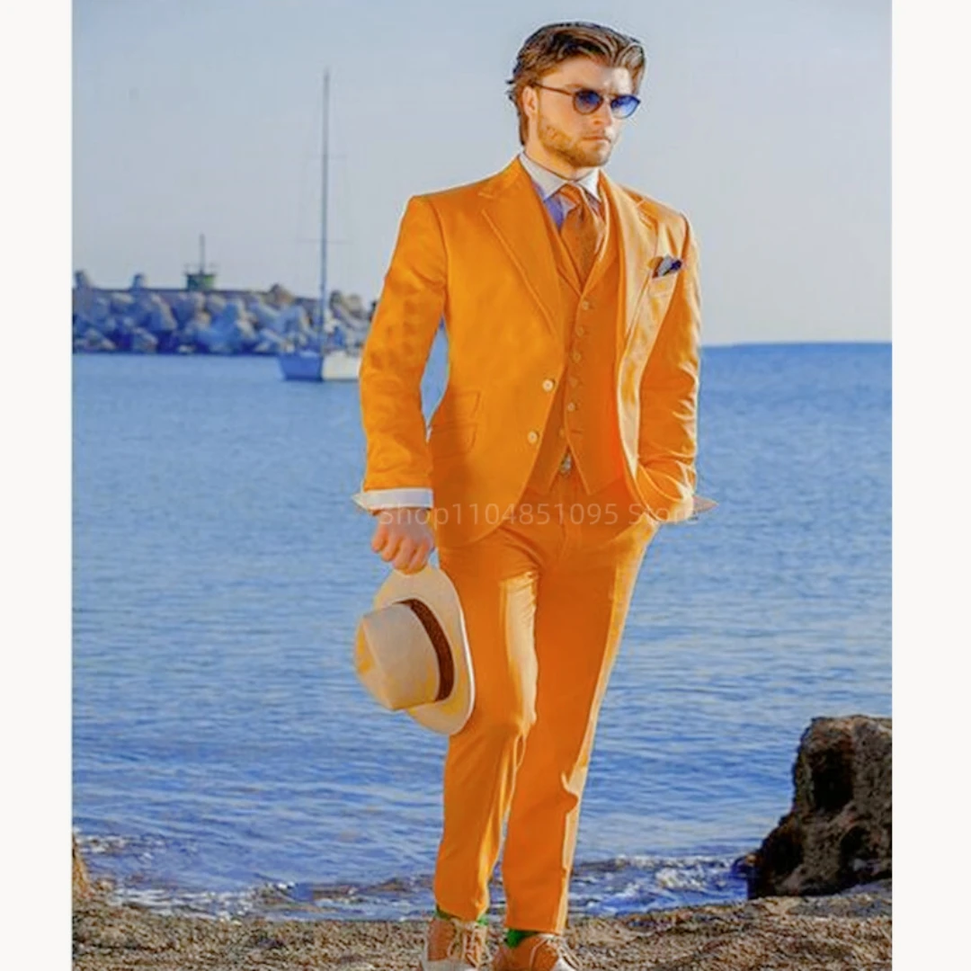 

Formal Orange Mens Suits Slim Fit 3 Pieces Notch Lapel Blazer Wedding Groom Tuxedos Terno Masculino Prom Man Sets Jacket+Pant