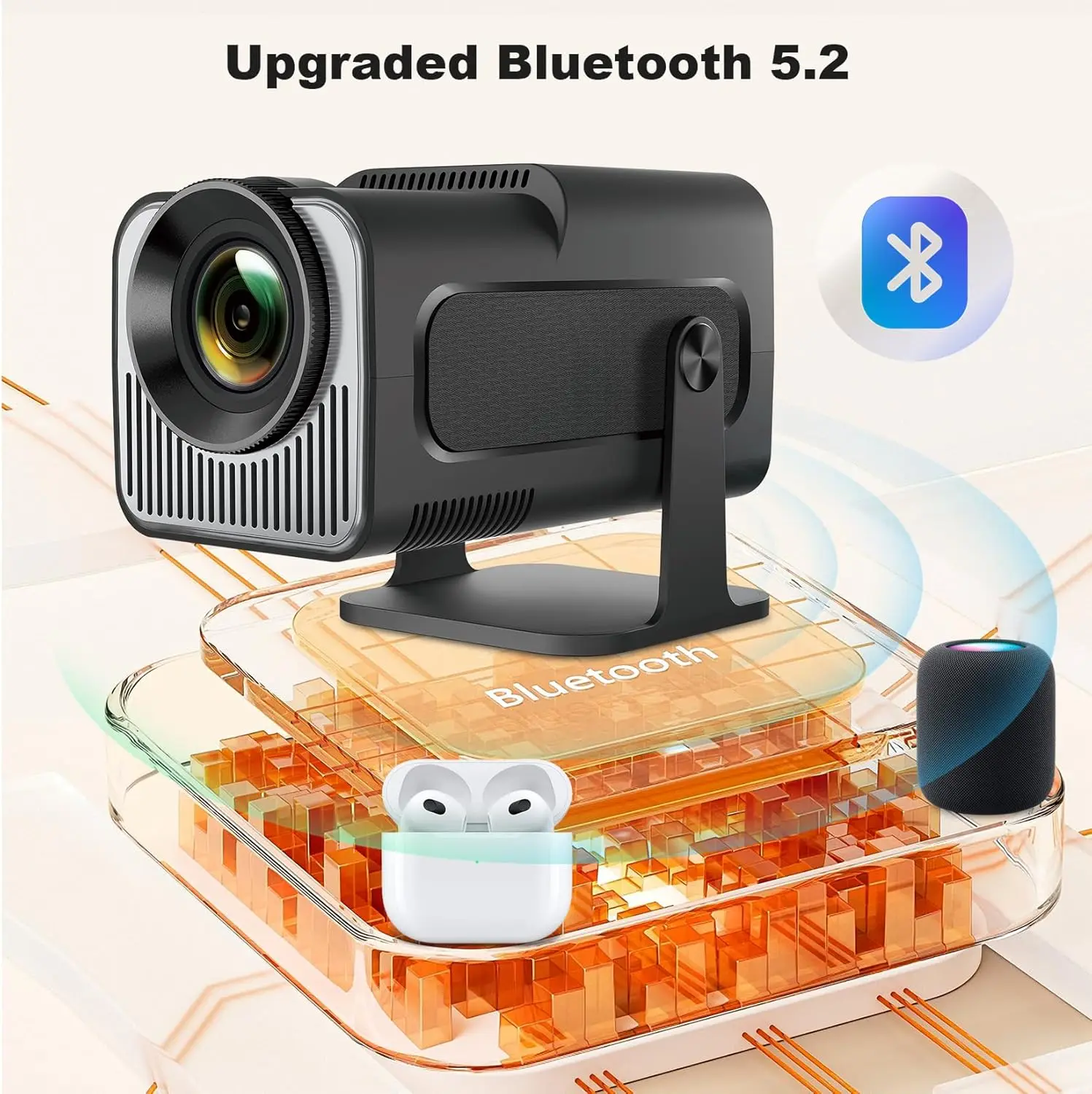 Portable Mini Projector with 4K Support, WiFi6, Bluetooth 5.0, Auto Keystone Correction for Home Theater and Entertainment