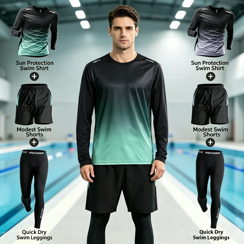 Men's Sun-Protective Quick-Drying Long-Sleeve Swimsuit Set with Long Pants Sports Fitness Running Outfit 1/2/3 Piece Options