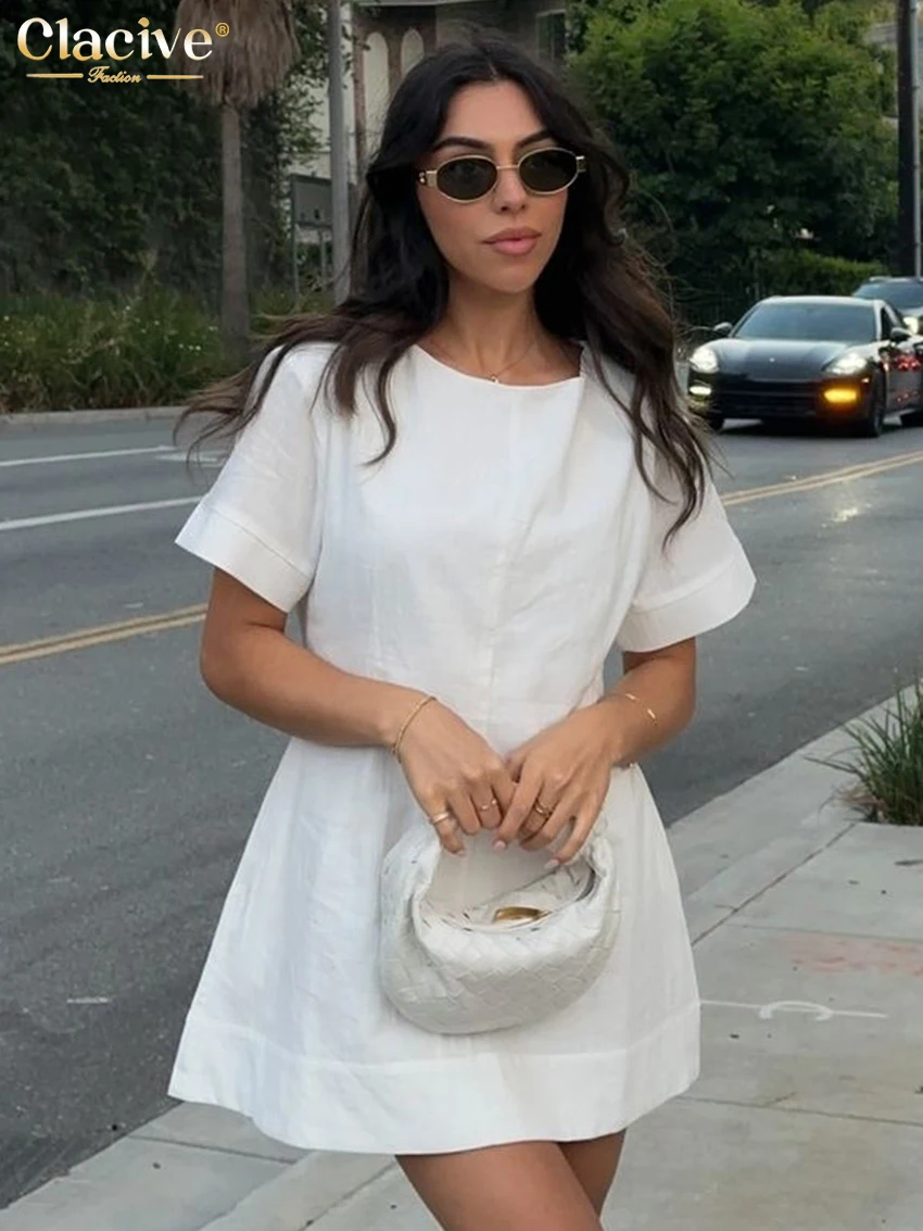 

Clacive Summer Loose White Cotton Women's Dress 2025 Fashion O-Neck Short Sleeve Mini Dresses Elegant Classic Solid Female Dress