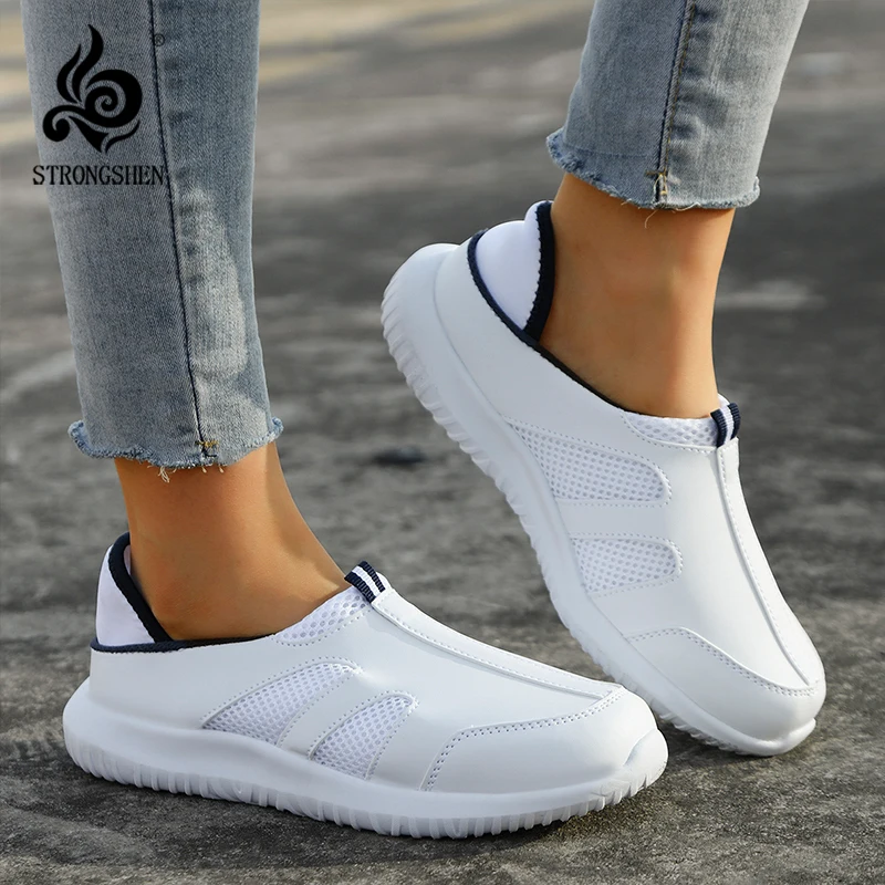 STRONGSHEN, zapatos de enfermera para mujer, zapatillas deportivas de fondo plano, transpirables, cómodas zapatillas blancas para mujer, zapatillas para correr sin cordones para mujer