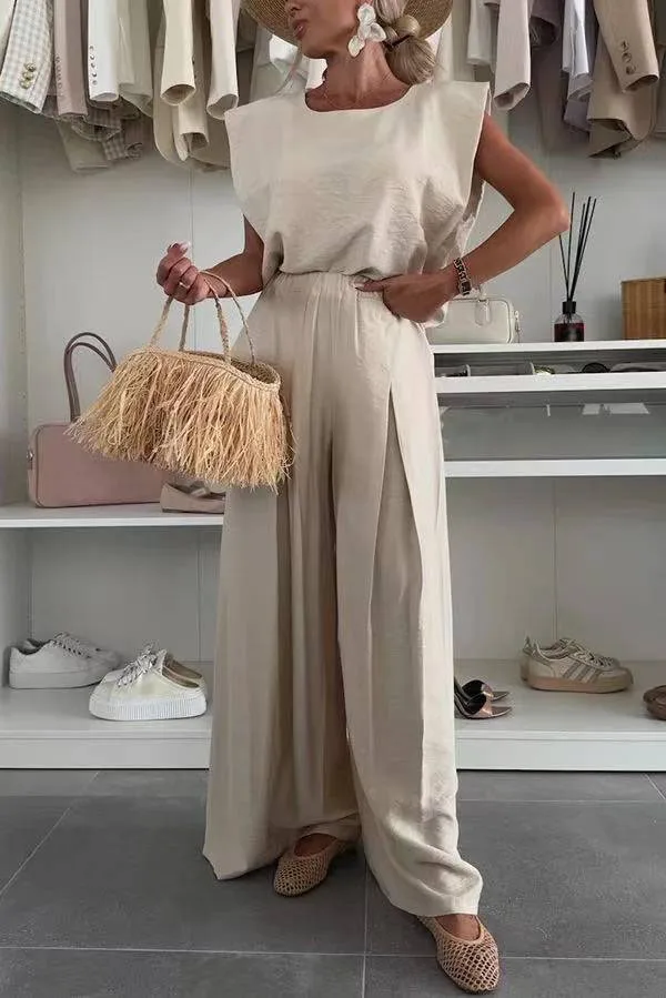 

Casual Solid Color 2 Piece Sleeveless O-neck Pullover Top High Waist Folds Wide Leg Pants Set Spring New Commuter Women Clothing