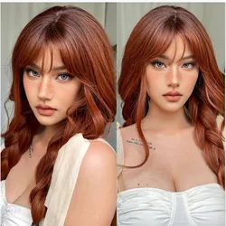 HENRY MARGU Auburn Synthetic Wigs with Bangs Ombre Long Wavy Hair Wig for Daily Use Soft Natural Heat Resistant Party Fake Hair
