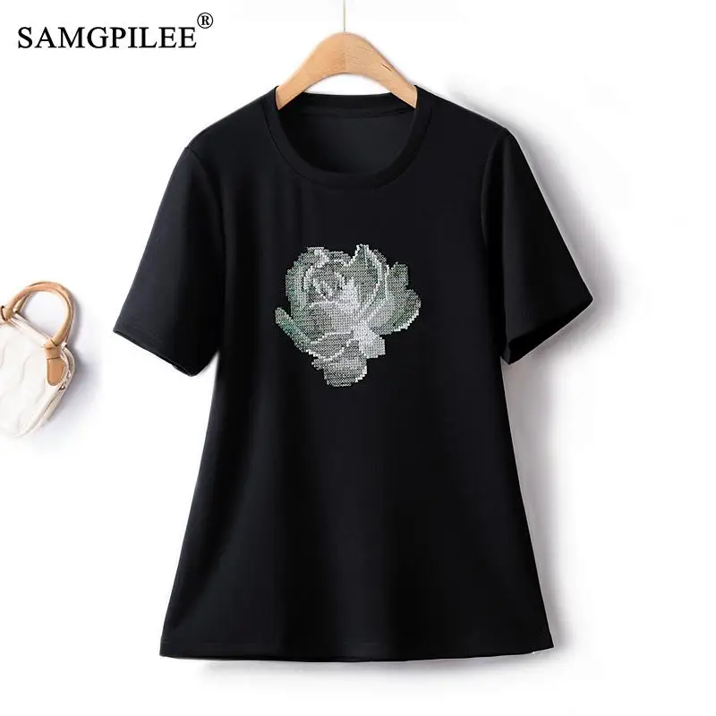 

Oversized T-shirt European Station 2023 Summer Shirts And Blouses Craft Embroidered Flowers Slim Y2k Streetwear Black Top Women