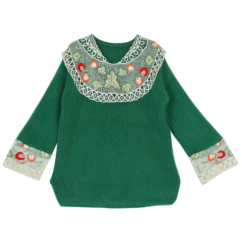 AIGYPTOS Pullover Sweaters Women Fall Winter Vintage Christmas Green Wool Knitted Sweater Antique Lace Crochet EmbroiderySweater