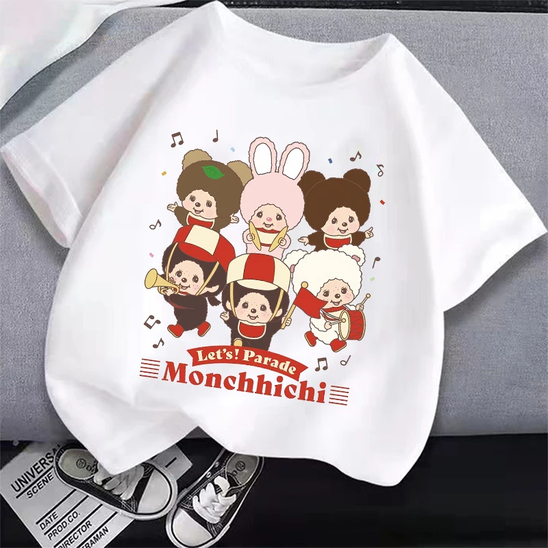 

Футболка MONCHHICHI с короткими рукавами для девочек, хлопковые футболки с мультяшным принтом, летние повседневные топы с круглым вырезом в стиле аниме, милая детская одежда, подарки