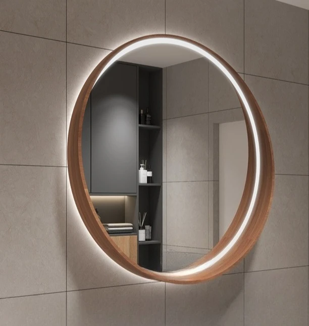 

New, round, simple, solid wood, bathroom mirror, toilet, wall hanging, smart, defogging, makeup, Nordic