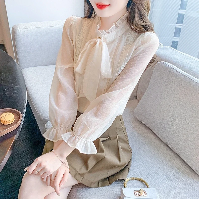 Fashion Long Sleeve Bow Collar Women Shirt Apricot Casual Chiffon Shirt Blouse Women Tops Blusas Mujer De Moda 2024 Blusa H548