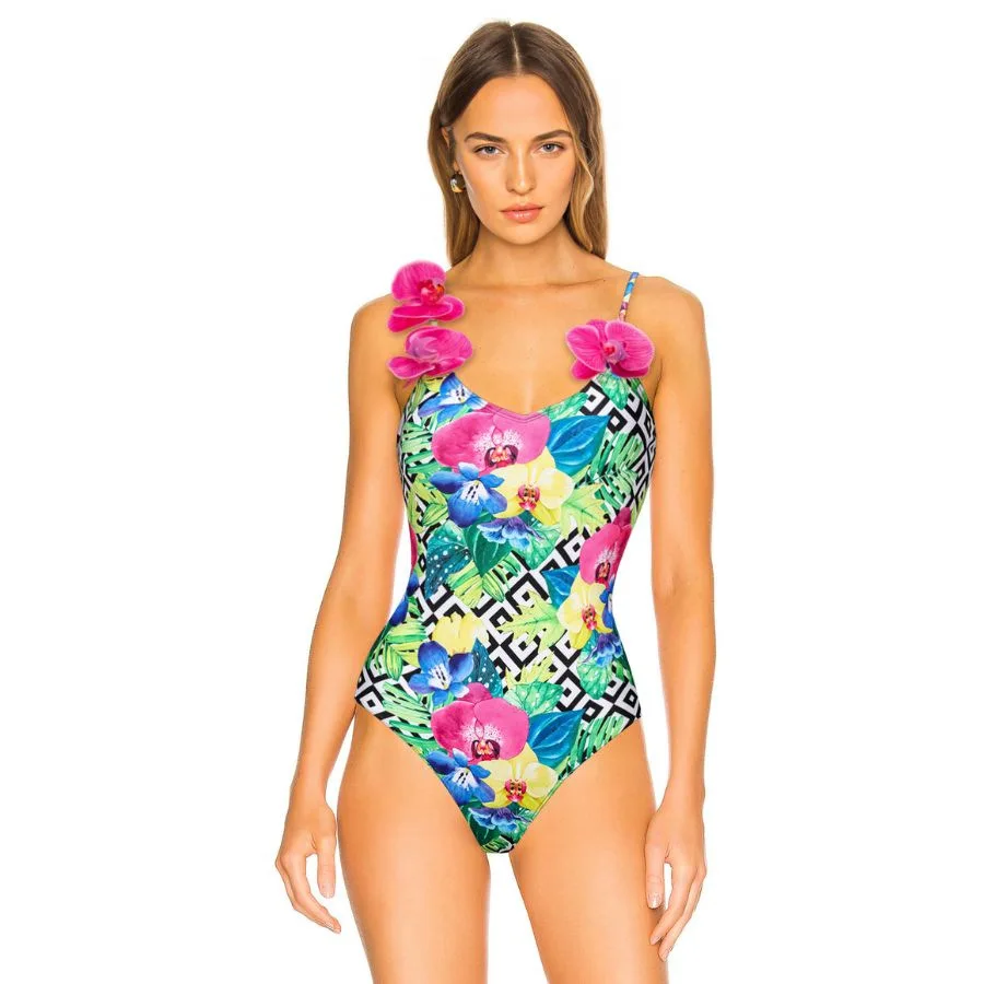 ZAFUAZ Women's Swimwear 2024 Orchid Shoulder Strap Decorative Printed One-piece Swimsuit Set Female Beachwear Sexy Bathing Suit