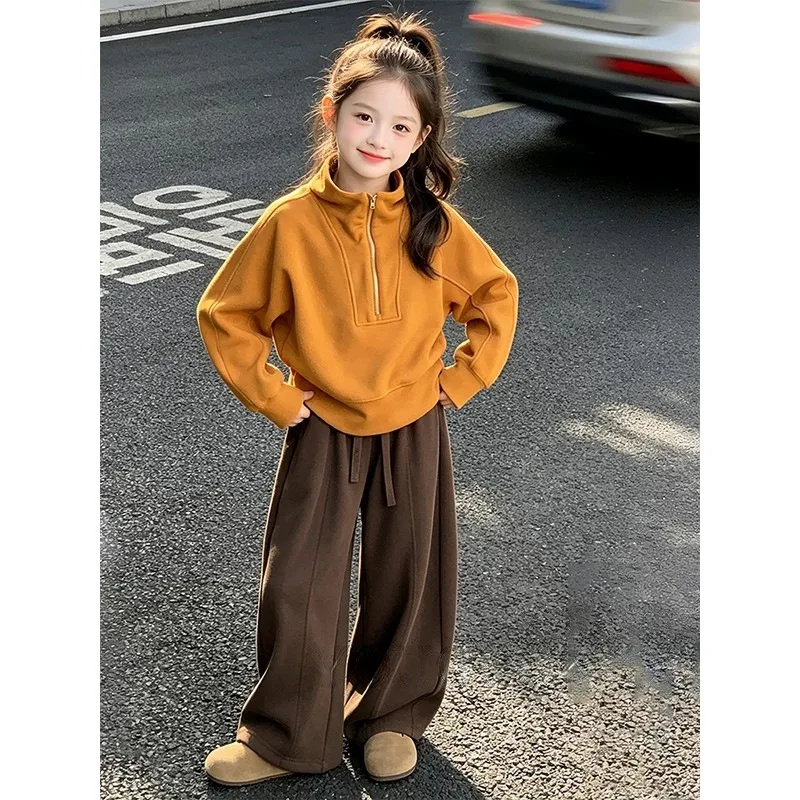 Autumn Winter Girls Child Set Turtleneck Teens Orange Crop Top Sweatshirt with Wide Leg Pants Camel Tracksuit for Ages 4-14