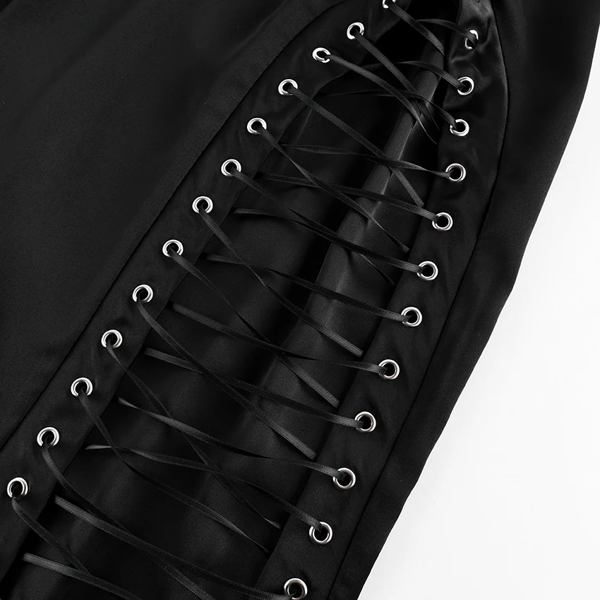 Linad Street Chic Black Satin Drawstring Skirts Woman 2026 Vintage Slim High Waist Straight Skirts Casual Lace Up Skirt Female