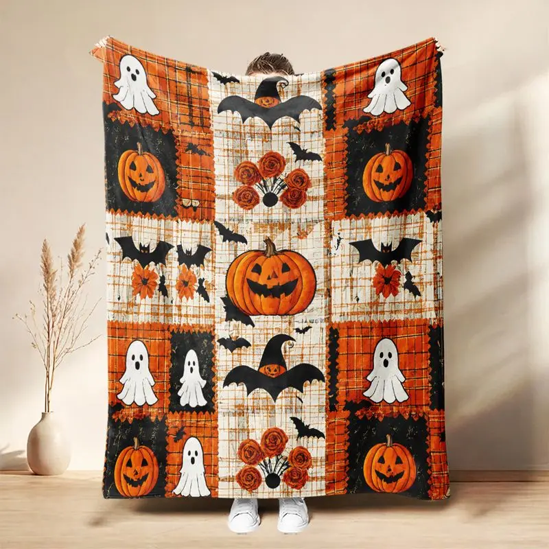 VIKAMA Halloween Patchwork Flannel Throw Blanket Soft Nap Blanket for Bedroom Sofa Dorm Home Decor Air Conditioner Blanket