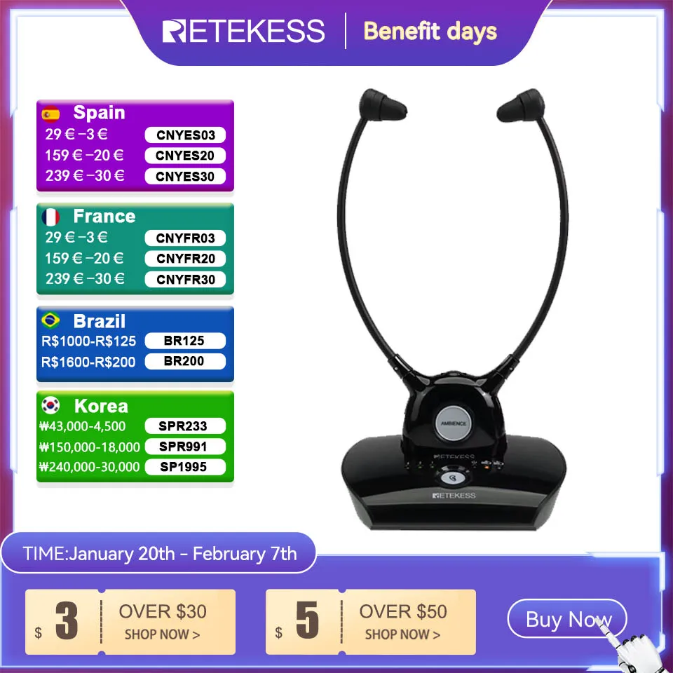 Retekess TA008 TV Hearing Aid Headphone Wireless TV Headsets System 2.4GHz Wireless Headphone for Seniors 3 Tones Dual Batteries