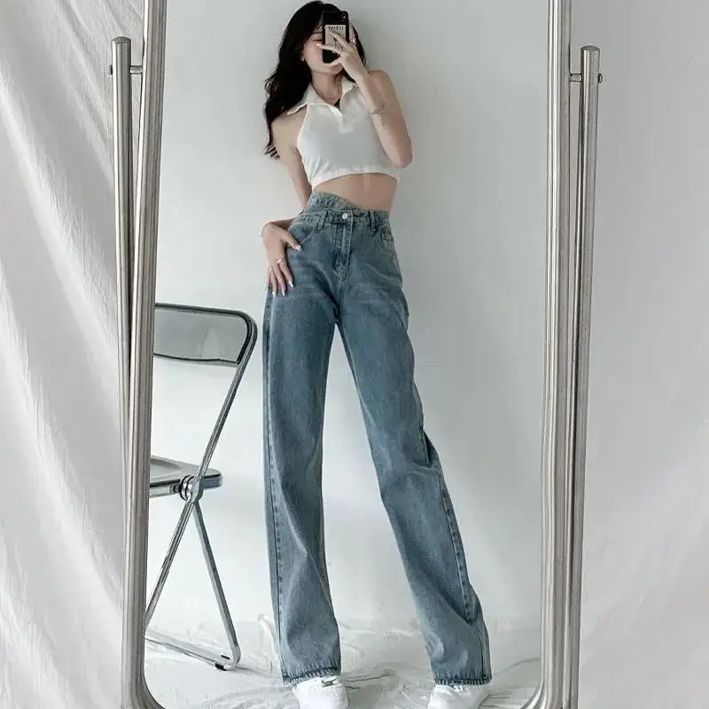 Women Clothes Temperament Irregular Wide Leg Pants Autumn Trend Buttons High Waist Trousers Ladies Fashionable Zipper Jeans