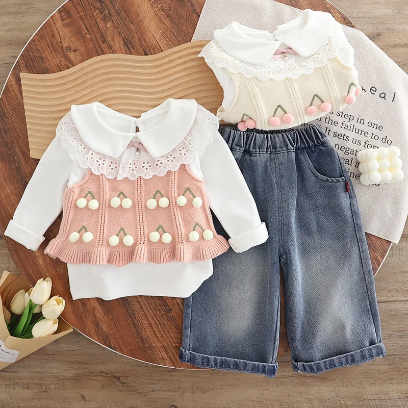 New Spring Autumn Fashion Baby Girls Clothes Set Children Vest Long Sleeved T-Shirt Pants 3Pcs/Sets Kids Clothing Infant Costume